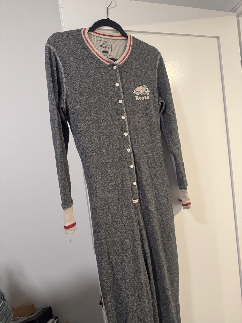 Roots Grey Women’s Long Sleeve One-Piece Pajama with Red Trim So Cozy for Fall.